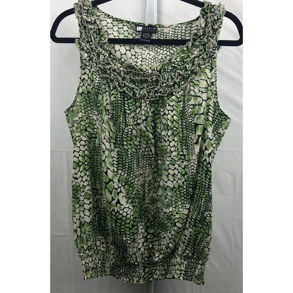 Carole Little Top Women L Green Geo Linen Ruffle Sleeveless Elastic Hem Blouse - Picture 1 of 10
